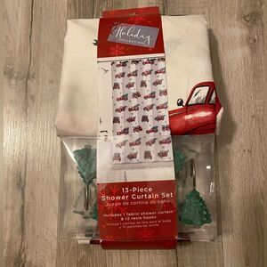 (Holiday Collection) Vintage Red Truck Christmas Tree Shower Curtain Set